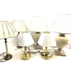 Three pairs of table lamps, the largest cream crackle glaze pair of baluster form, including shade H72cm, each with fabric shades.   