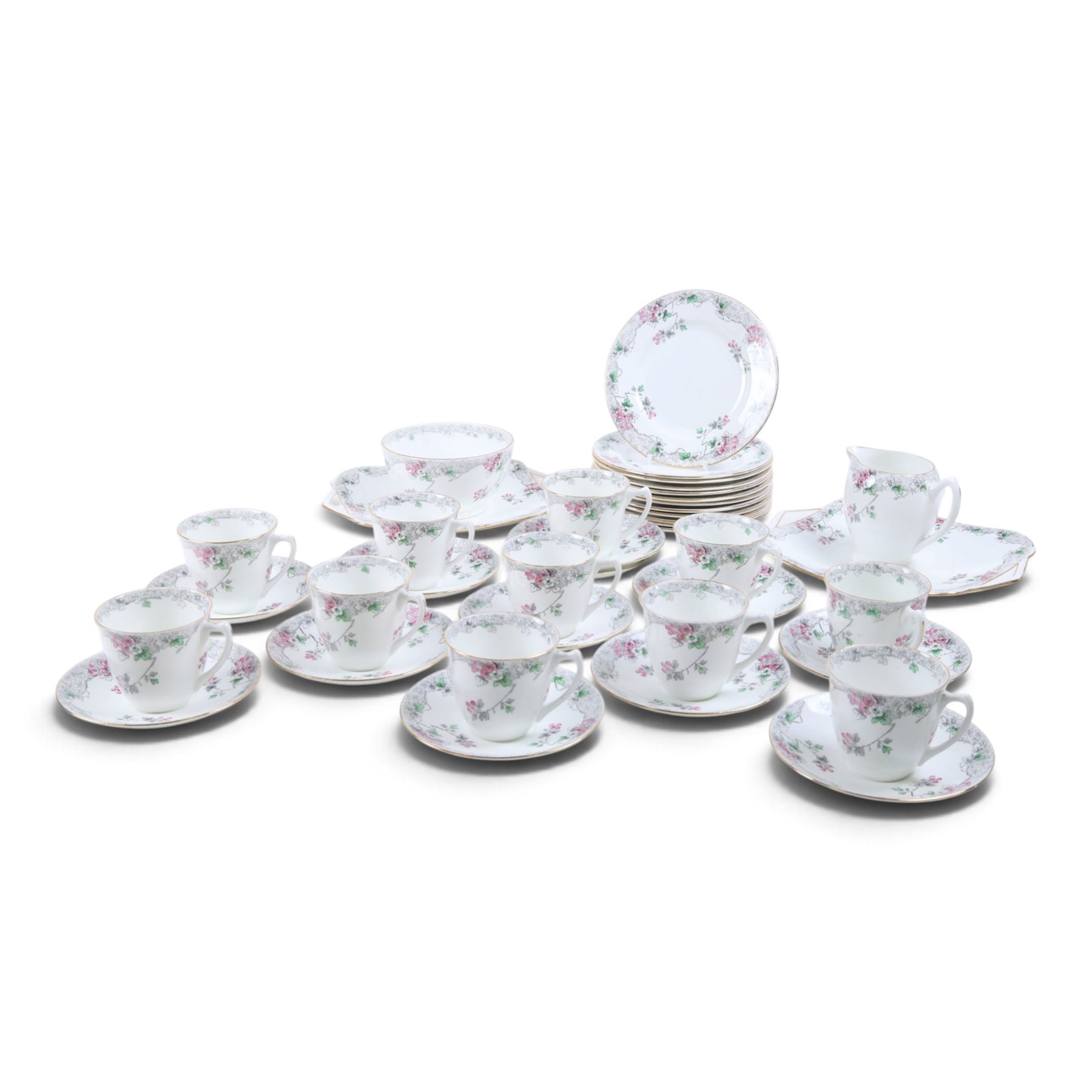 Shelley Bramble Rose pattern tea service, comprising milk jug, open sucrier, eleven cups and saucers, twelve dessert plates and two cake plates 