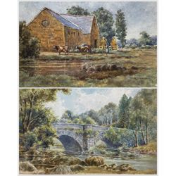 W J Mander (British 20th Century): Tending to the Cows and The Old Stone Bridge, near pair landscape watercolours signed, one signed with initials max 24cm x 30cm (2)