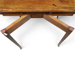 George III mahogany tea-table, the D-shaped rectangular fold-over top with satinwood stringing, raised on elegant square tapering and splayed supports with spade feet and gate-leg action