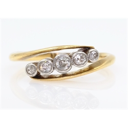  Five stone old cut diamond gold crossover ring stamped 18ct  