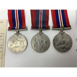 Eleven WW2 medals comprising three 1939-1945 war medals, two Defence medals, three 1939-1945 Stars, Atlantic Star, Africa Star and Italy Star; miniature QEII Naval LS & GC medal; all with ribbons; and WW2 postumous medal slip to Flight Sergeant L.N. Clark