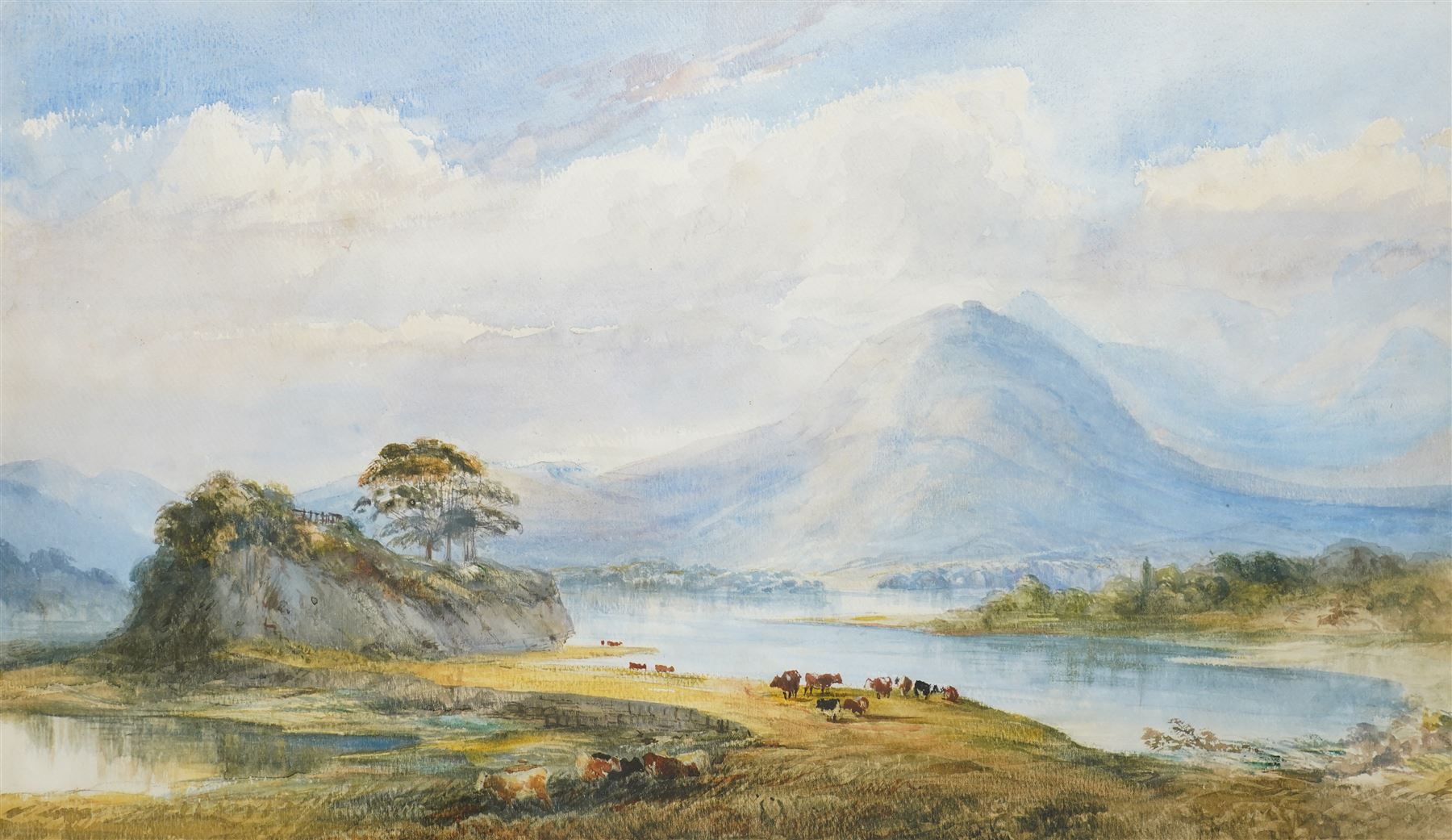 Attrib. Charles Frederick Buckley (British 1812-1869): 'Lower Lake, Killarney - from The Lake Hotel', watercolour, signed with initials and titled on label verso 31cm x 54cm