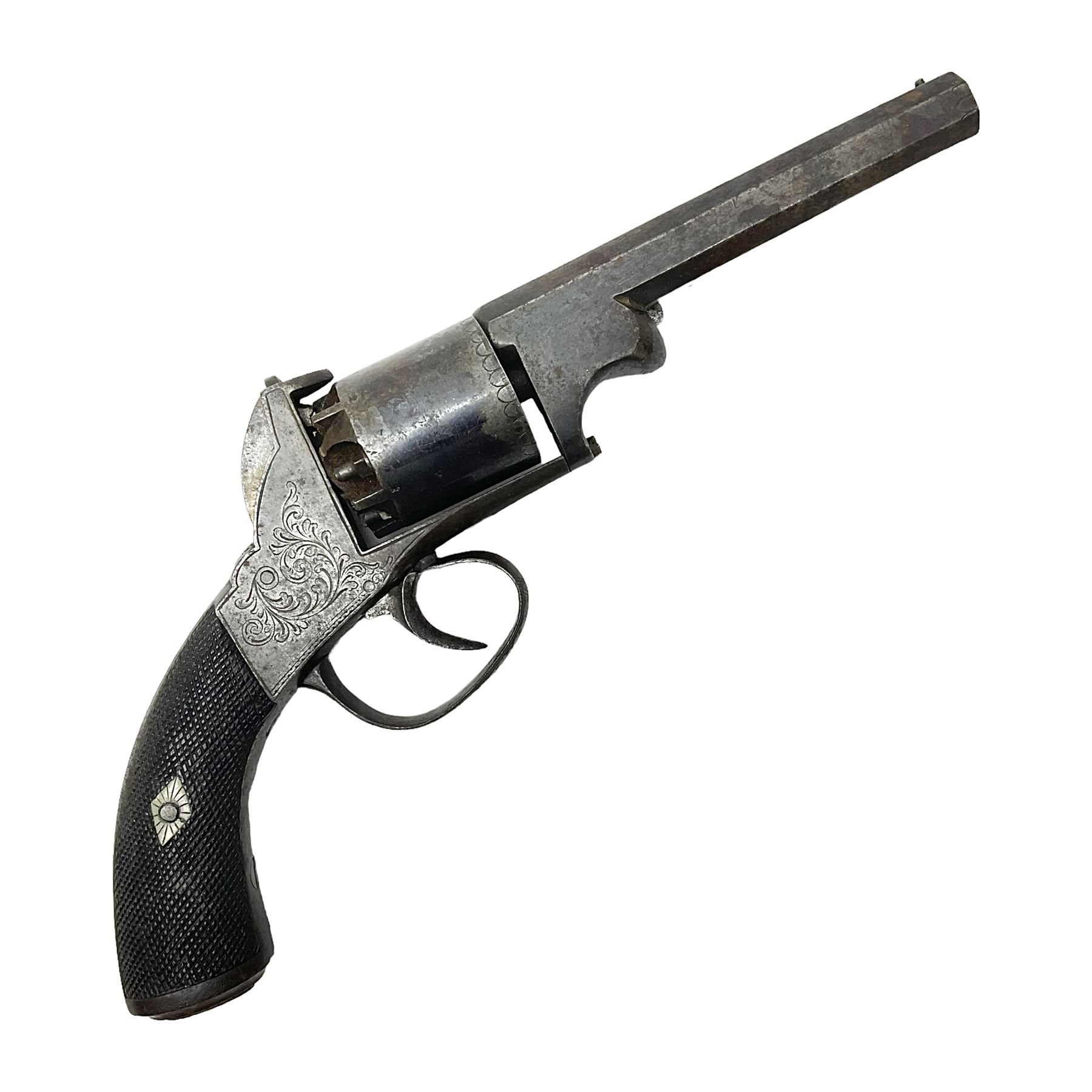 Mid-19th century Smith London .36 cal. transitional five-shot percussion revolver, the 12cm rifled octagonal barrel with side loading lever, side safety, some engraved decoration and chequered two-piece grip L28cm overall