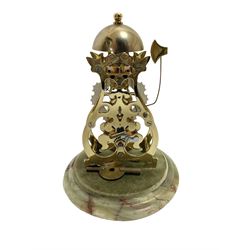 Thwaites & Reed - Small 20th century skeleton clock with a glass dome and stepped onyx base,  pierced movement frames with a silver chapter ring, Roman numerals, minute markers, and steel hands, domed brass bell with passing strike on the hour, with a lever platform escapement, wound and set from the rear. With key.