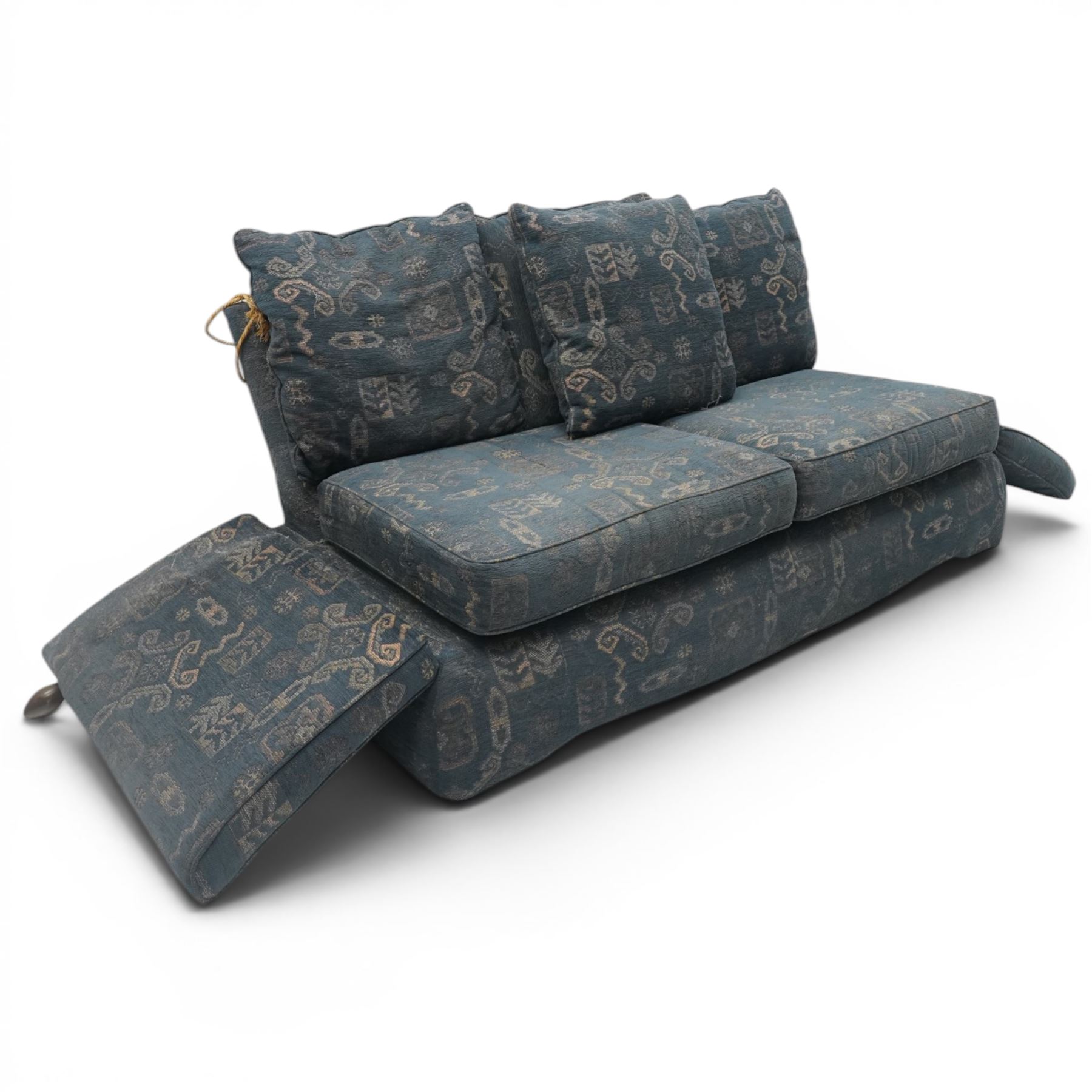 Edwardian design Knole-type drop-end two seat sofa, of traditional shape with hinged drop arms held by ropetwist tassels, upholstered in cobalt blue geometric patterned fabric, with loose seat and scatter cushions; together with matching ottoman footstool (W70cm D55cm H39cm)