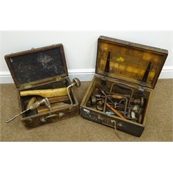  Mahogany box and pine box containing a selection of vintage tools  