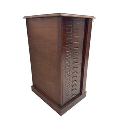 20th century walnut and mahogany Wellington chest, the moulded rectangular top with inlay over fifteen drawers, hinged and lockable upright, on plinth base