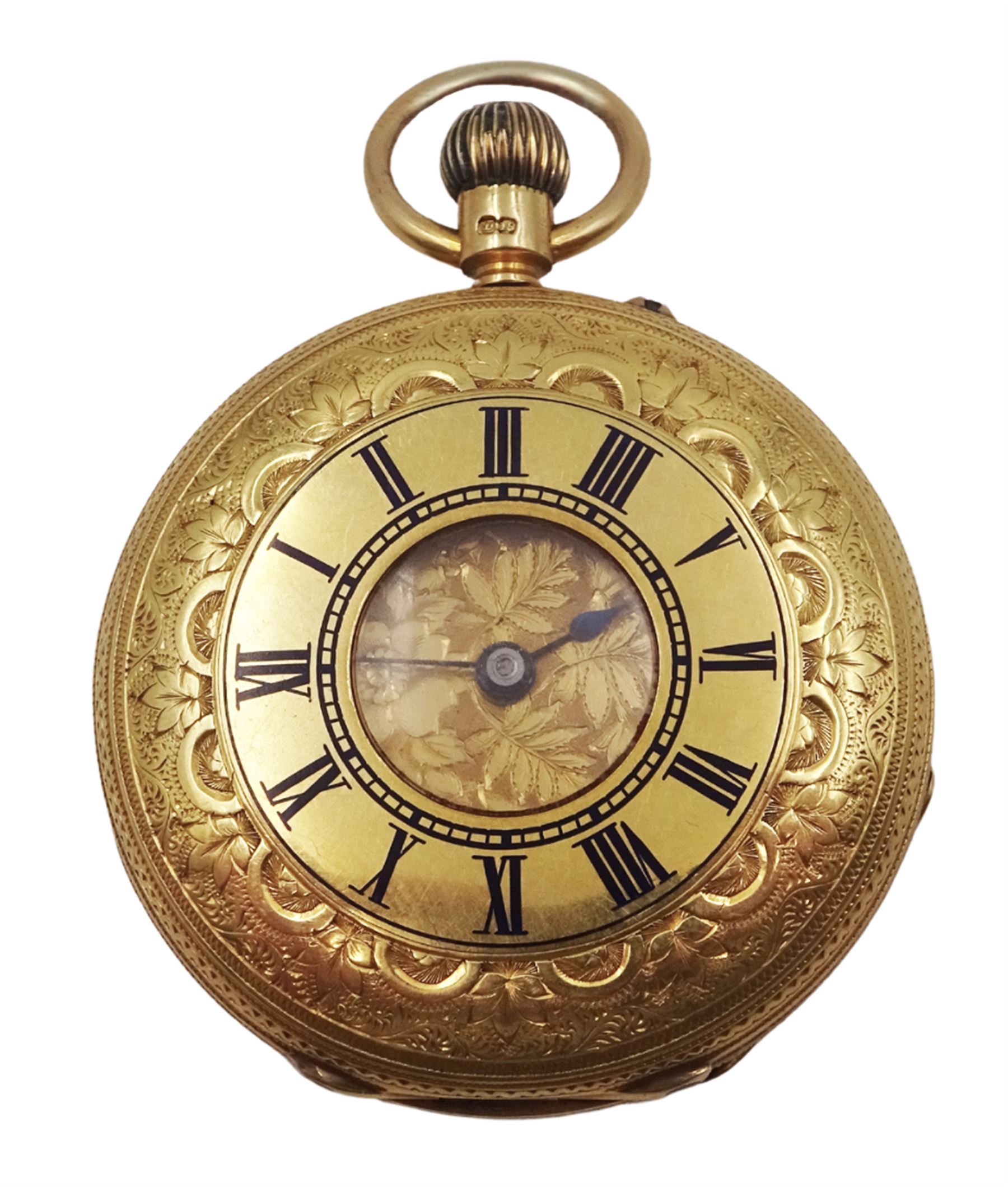 Victorian 18ct gold half hunter ladies keyless pocket watch by G E Searle & Son, Plymouth, No. 45189, gilt dial with Roman numerals, case engraved and engine turned with flower and scroll decoration with central cartouche, case by Philip Woodman & Sons, London 1886