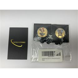 Four gold plated and coloured commemorative fifty pence coins, comprising 2017 Benjamin Bunny, Mr Jeremy Fisher, Tom Kitten and The Tale of Peter Rabbit, with Gold Strike certificate of authenticity