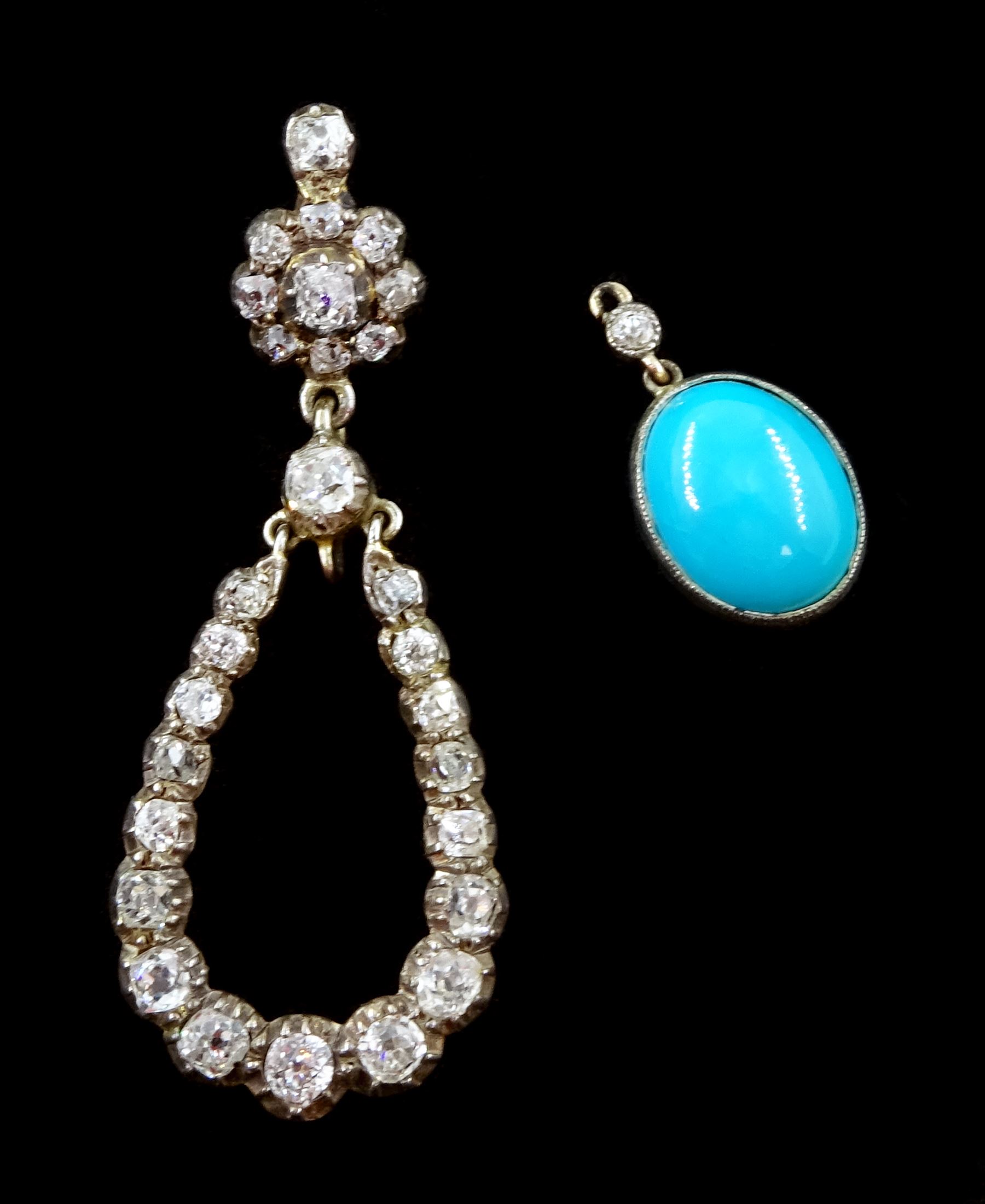 Pair of 19th / early 20th century gold and silver turquoise and old cut diamond pendant earrings, detachable oval cabochon turquoise pendants suspended within graduating diamond surround, total diamond weight approx 2.40 carat