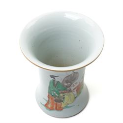 Chinese famille verte brush pot, decorated with mothers and children, Republic period, but bearing underglaze blue spurious four character mark of Kangxi to base, H19cm