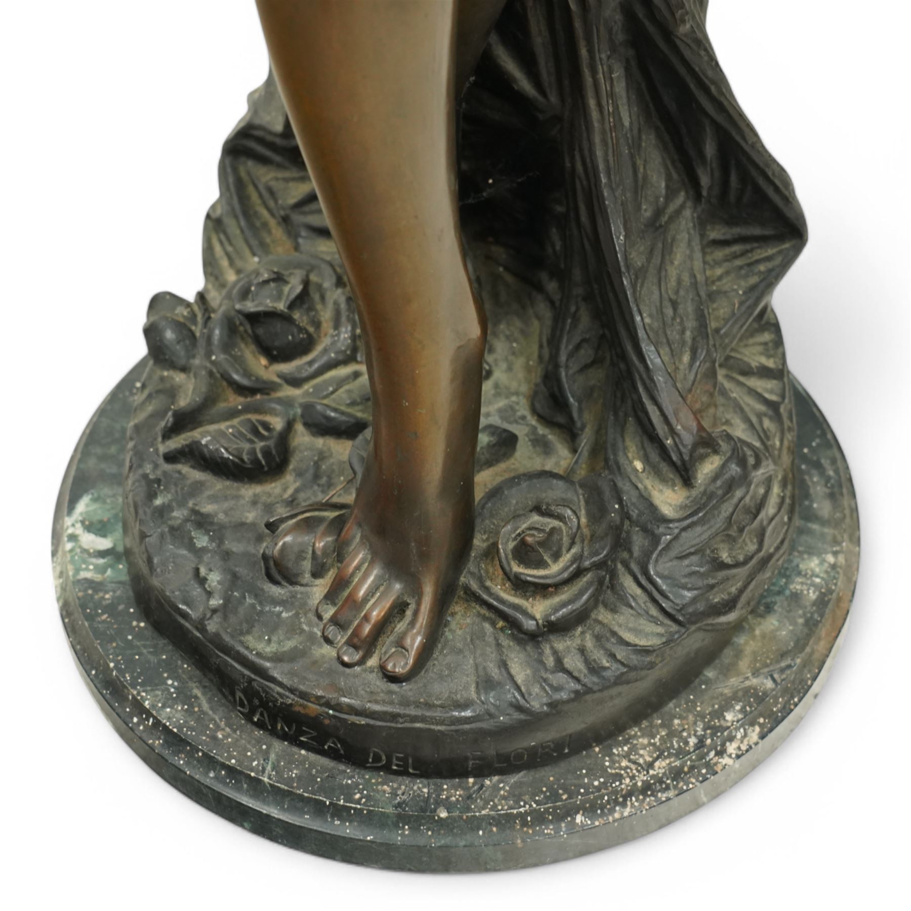 Giorgio Ceragioli (Italian 1861-1947): 'Danza Del Flori' -The Flower Dancer, large patinated bronze figure of a female dancer draped in a flowing garment and holding a rose, on a circular naturalistic floral base, on a marble plinth, signed and dated 1910, titled to the front, H140cm