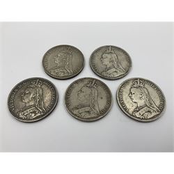 Five Queen Victoria silver crown coins, dated 1889, 1890, two 1891 and 1892