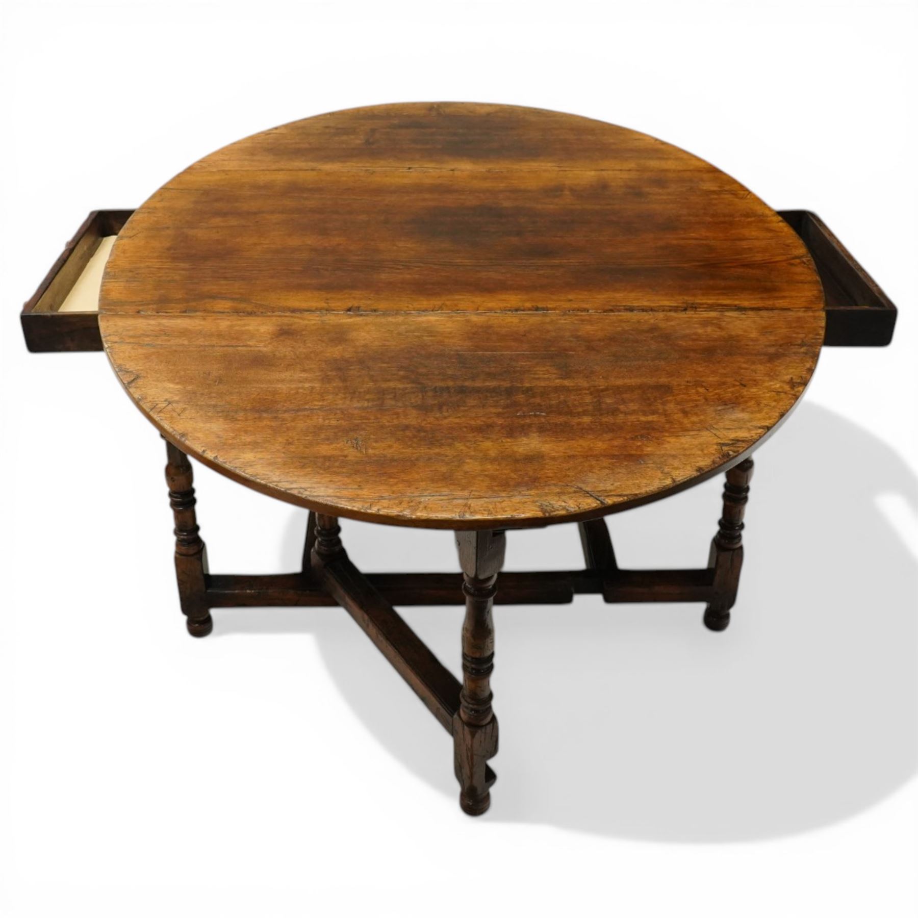 Titchmarsh & Goodwin - oak drop leaf table with double drawer, gateleg turned supports united by stretchers