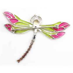 Silver plique-a-jour and marcasite dragonfly brooch, stamped 925