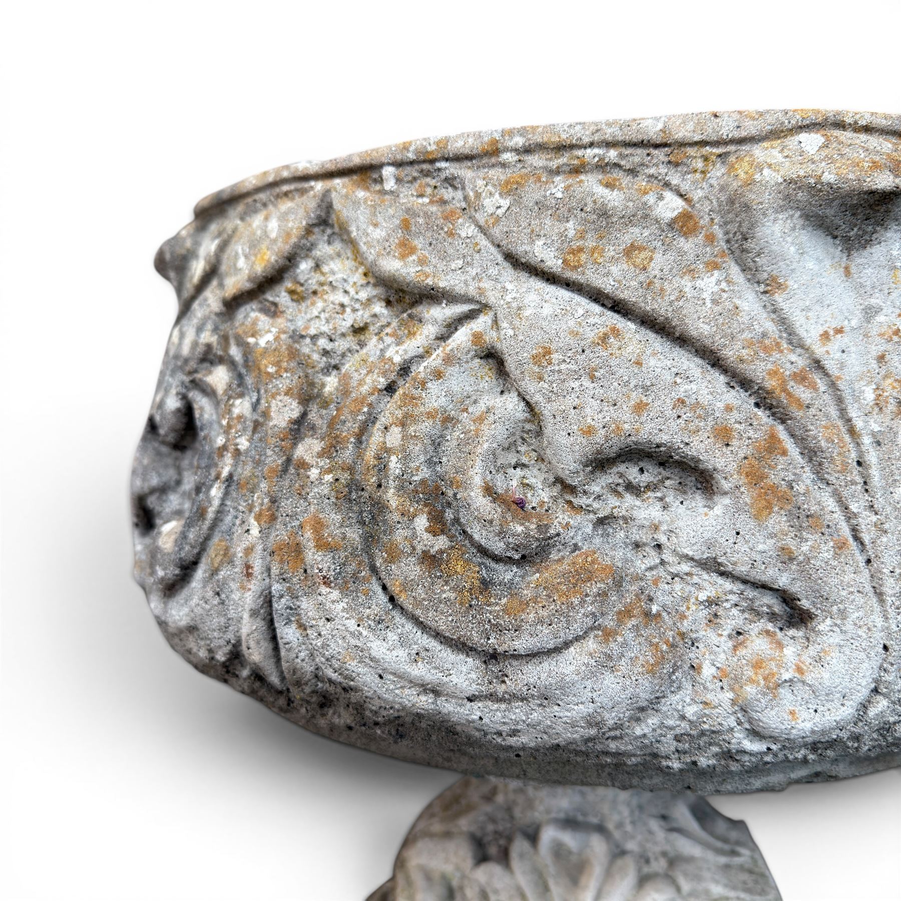 Cast stone ornate garden urn, circular shall bowl on squat base