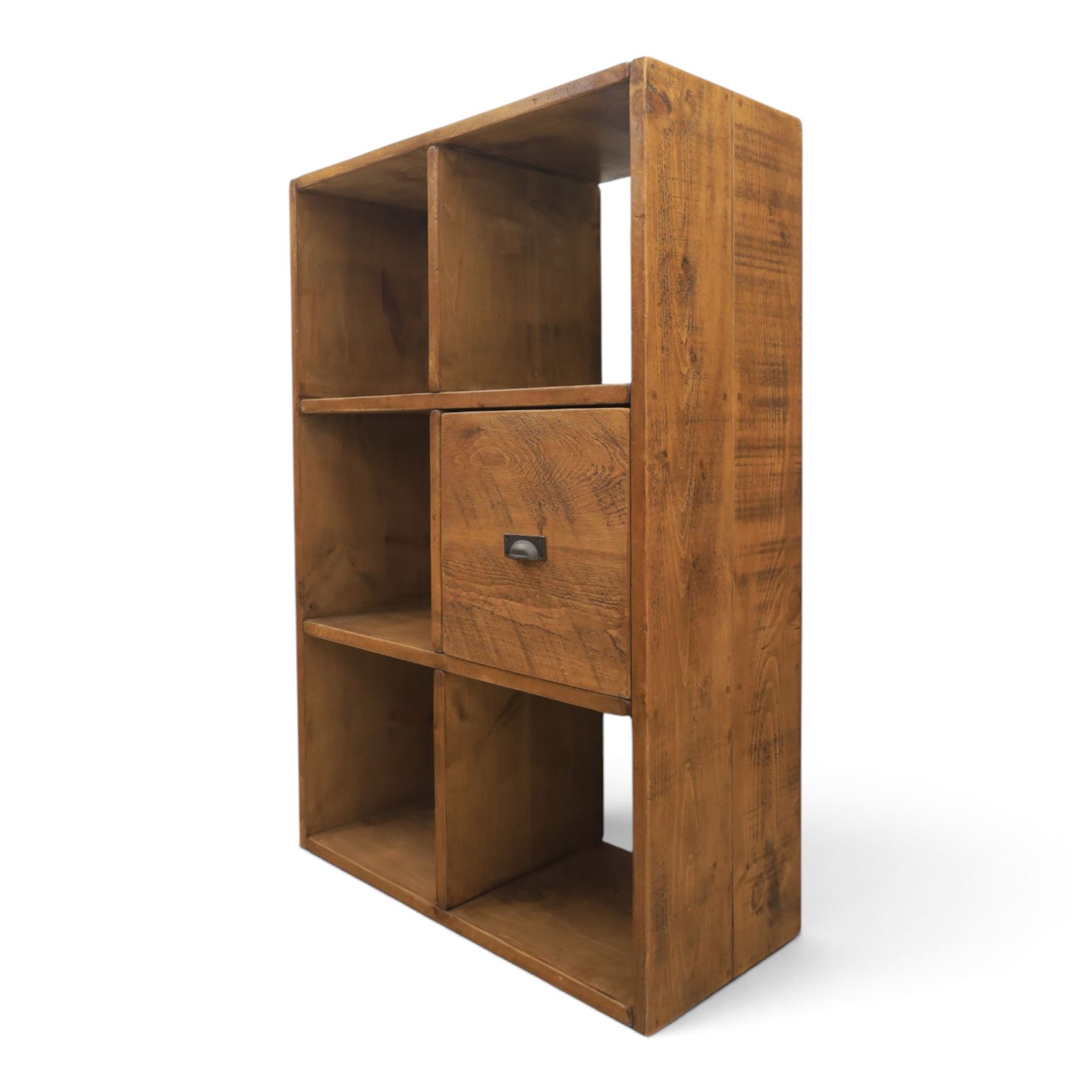 Indigo Furniture - rustic oak shelving unit with cupboard, with five open shelves and one drawer with metal cup handle