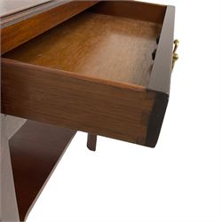 Mahogany side table or end table, the dished rectangular top with moulded edge, fitted with single end drawer, moulded square supports with inner chamfer united by under-tier 