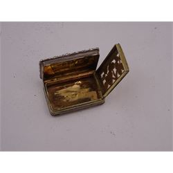 George III silver vinaigrette, of typical rectangular form, with raised foliate rim and engine turned decoration, with banded sides and foliate pierced engraving to gilt interior, hallmarked Birmingham 1797, maker's mark TS, L3cm
