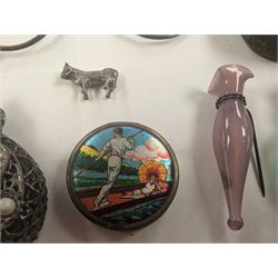 Faceted green glass scent bottle with brass cover, other scent bottles, pair of lorgnettes, Spode thimble, glass posy holder, etc 