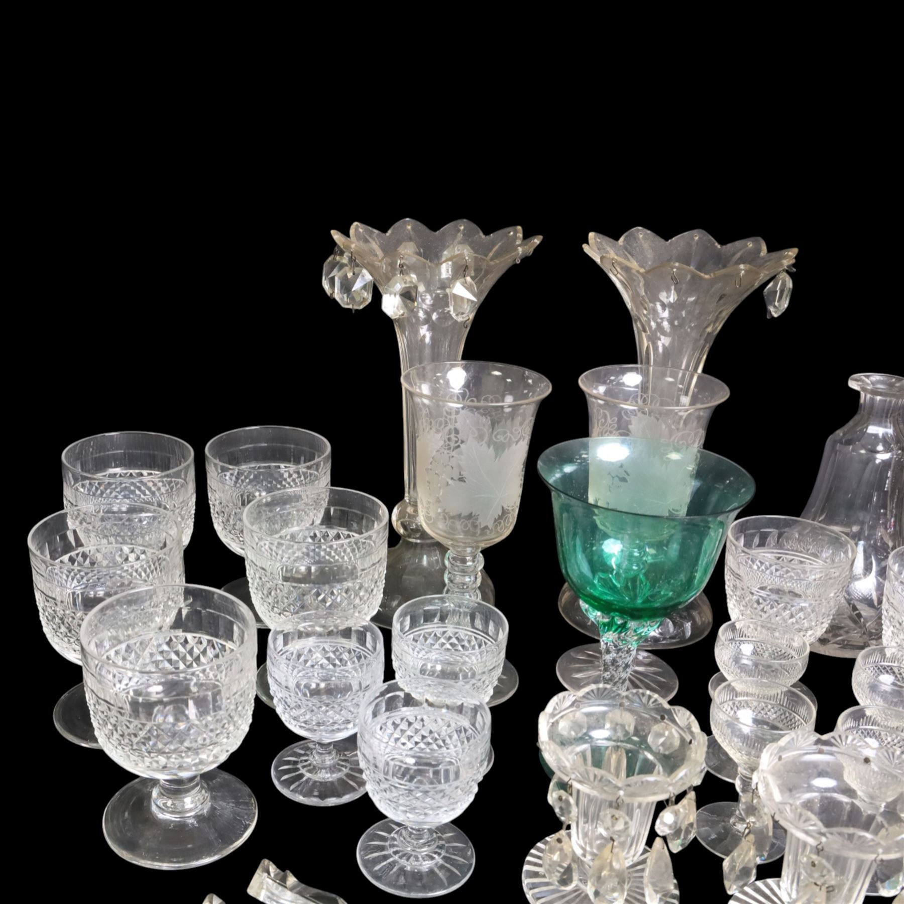 Collection of glassware, including goblets, pair of etched wine glasses, etc