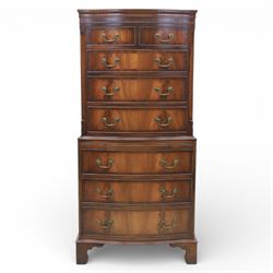 Reprodux - Georgian design mahogany serpentine chest-on-chest, top section with two over three drawer arrangement, flanked by chamfered edges, the lower fixed section, with slide above three drawers, raised on bracket feet  