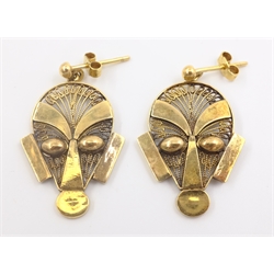  Pair of gold mask head pendant stud ear-rings stamped 18K approx 5.5gm  