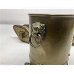 Trench Art - WWI 0-8-0 steam locomotive made from brass, copper and late Victorian pennies and half-pennies L17.5cm; WWI brass and copper tank candleholder; WWI brass shell case two-handled vase inscribed 'RFA France 1914-17'; and an unrelated brass plant holder (4)