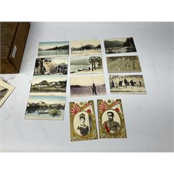 Fully stocked early 20th century Japanese lacquered and shibayama postcard album in original pine postal delivery box from Japan; with quantity of additional postcards