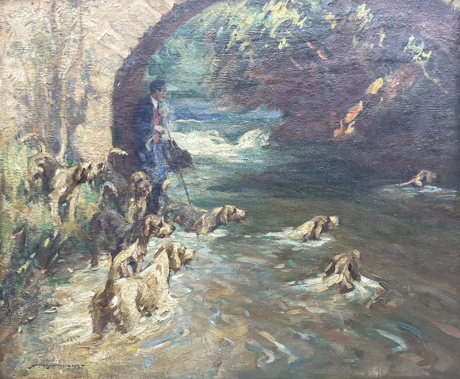 George Mortram Moorhouse (British 1882-1960): Huntsman and Hounds at 'The Kent - Hawes Bridge' Yorkshire Dales, oil on canvas signed and dated 1938, original title label with artist's Helsington, Kendal address verso 50cm x 60cm 
Notes: Moorhouse, often misspelled George Mottram Moorhouse, was a pupil of Sir William Orpen, Sir Frank Brangwyn, and Augustus John.