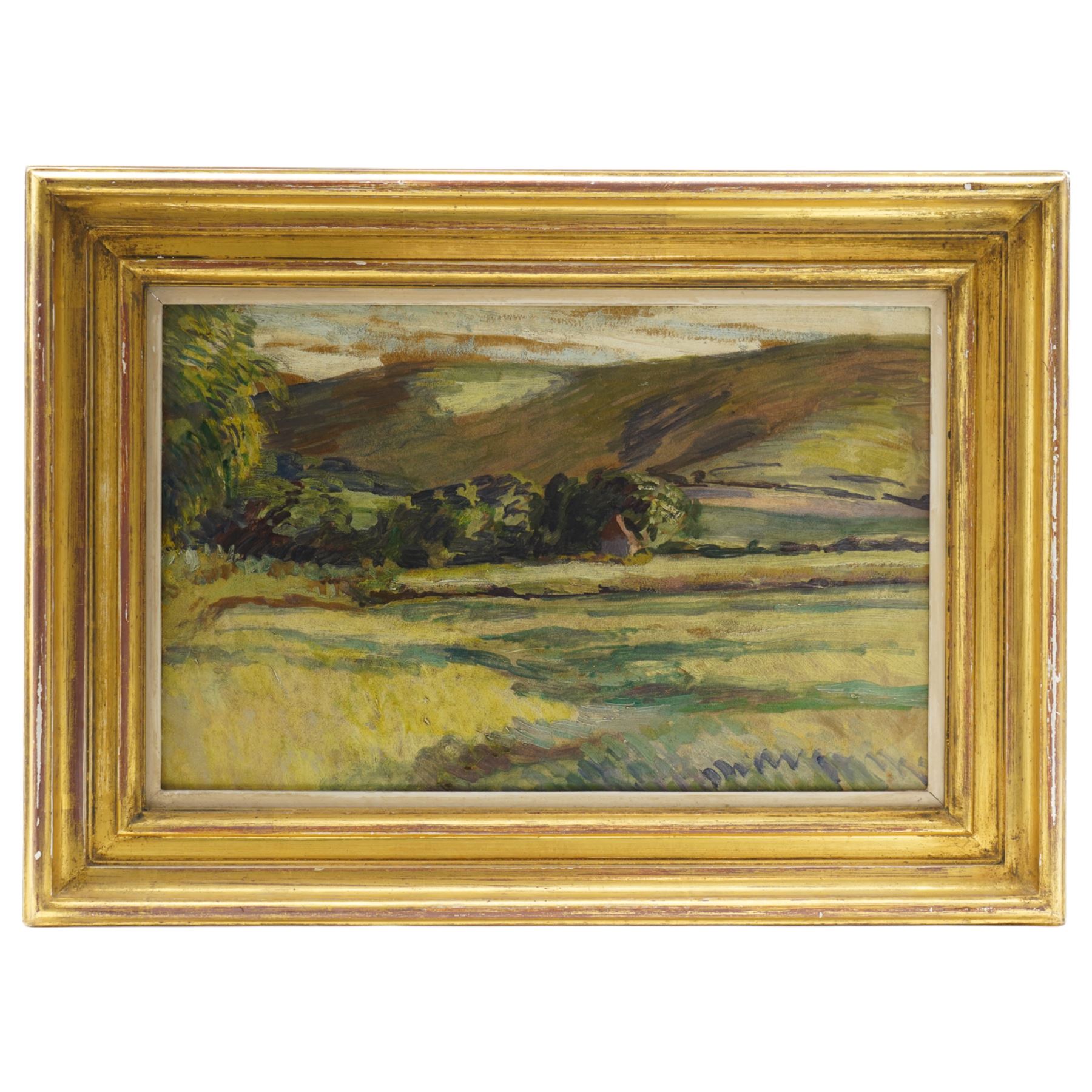 Duncan Grant (British - Bloomsbury Group 1885-1978): 'Landscape near Firle' East Sussex', oil on board unsigned, titled on gallery label verso 27cm x 42cm
Provenance: Spink, King Street, London