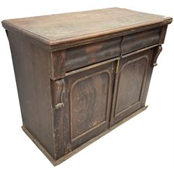 19th century scumbled pine chiffonier, moulded rectangular top over two drawers and two cupboards, mounted by scroll carved brackets