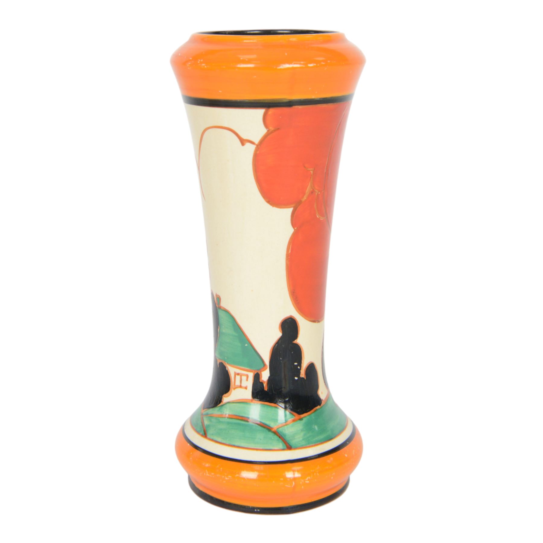 Clarice Cliff Red Autumn vase, shape 187, circa 1930 hand painted with a stylised tree and cottage landscape in red, black and green with orange and black banding, FANTASQUE and Bizarre mark beneath, H22cm