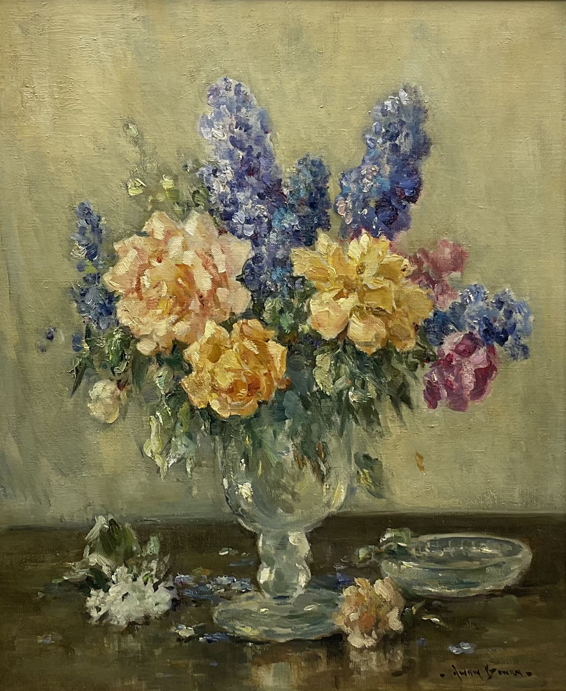 Owen Bowen (Staithes Group 1873-1967): Still Life - Flowers in a Glass Vase, oil on canvas signed 59cm x 49cm