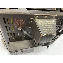 1950s Bush Type TV22 Bakelite Television receiver, the TV cased in marbled brown Bakelite of stepped form, the 9 inch screen with white mask, with original leather cover casing to reverse, H39cm D34cm W38cm