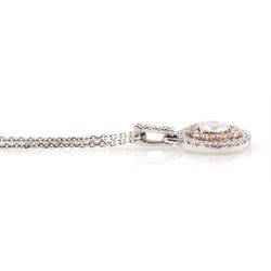 18ct white gold round brilliant cut pink and white diamond halo pendant necklace, total pink diamond weight approx 0.20 carat, total white diamond weight approx 0.50 carat