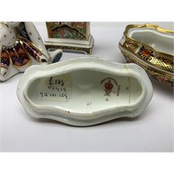 Royal Crown Derby Haiku pattern miniature clock, together with 1128 Imari pattern trinket box with cover and teddy bear figure, all with printed marks beneath   