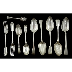 George III and later flatware including three Fiddle pattern table spoons and two similar forks, approx 20.5oz