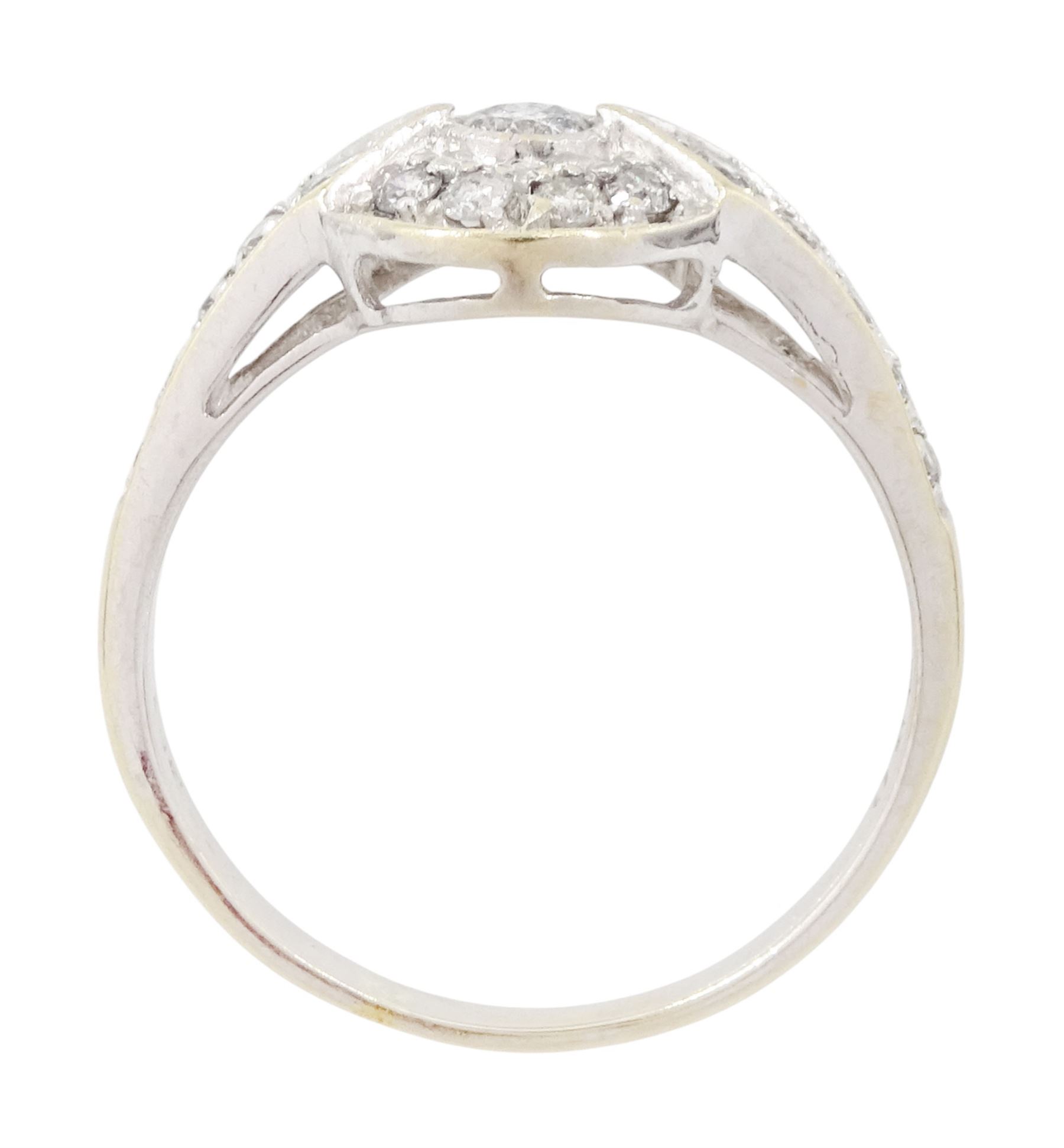 18ct gold diamond cluster ring, milgrain set with round brilliant cut diamonds and diamond set shoulders, Sheffield 2004, total diamond weight 0.50 carat