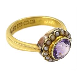 Early 20th century gold amethyst and seed pearl cluster ring, the 22ct gold shank dated 1920, boxed 