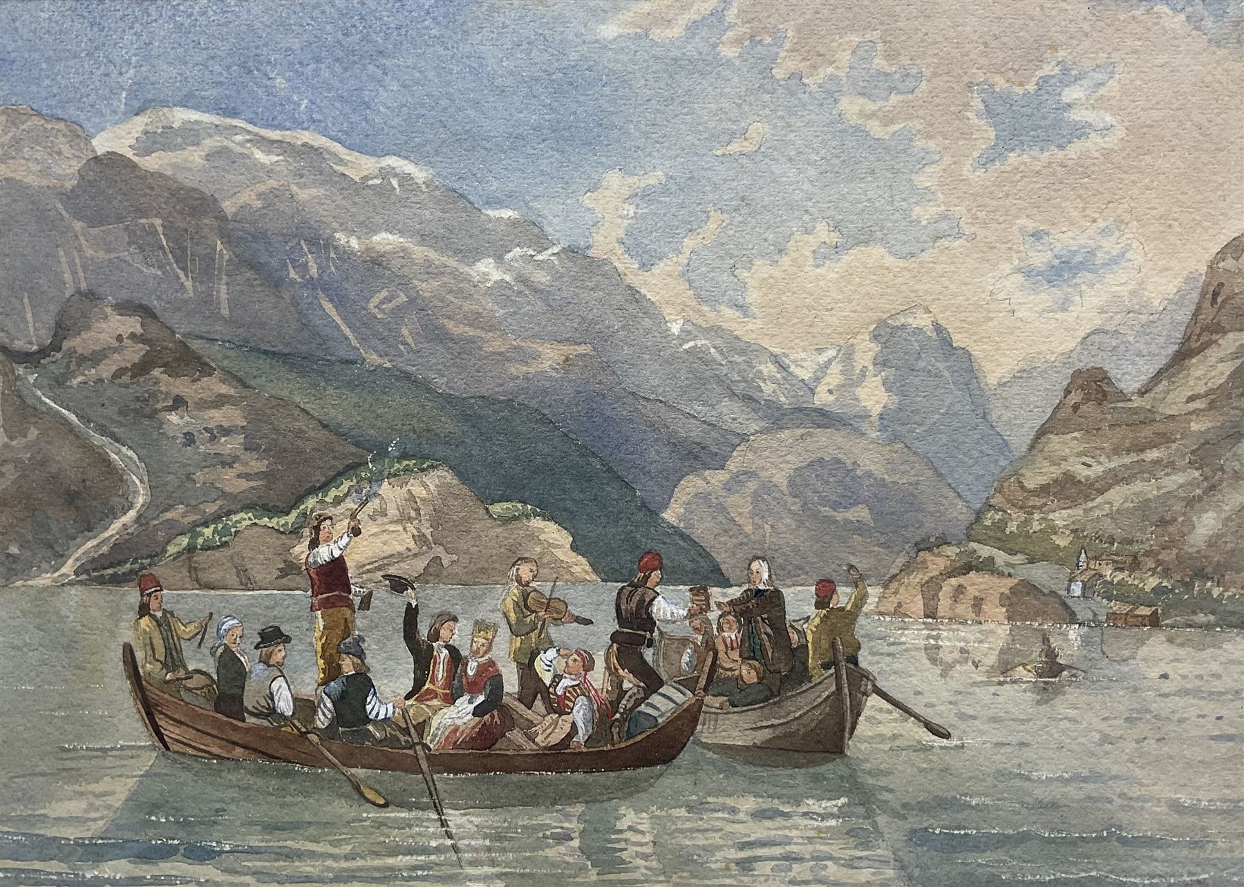 Mabel Albinia Sutton (British 1854-1937): Wedding Party in a Norwegian Fjord, possibly Hardanger, watercolour unsigned, inscribed by the artists father verso 'From my dear daughter Mabel Albinia Sutton on my Birthday. Scawby, March 6, 1870.', 24cm x 34cm 