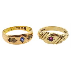 Early 20th century 15ct rose gold sapphire ring, Chester 1897 and a 9ct gold single stone ruby ring, London 1979