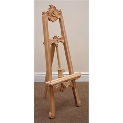  Small hardwood easel, carved scrolls and foliage, H106cm  