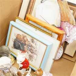 Collection of ten Beswick Beatrix Potter figures, brown back stamps, a Rupert figure and a number of Beatrix Potter prints
