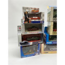 Eighteen Corgi die-cast models of TV & film interest including Dad's Army (2), Last of the Summer Wine (2), Heartbeat (2), Blues Brothers, Bullitt, Marilyn Monroe, Return of the Saint, Thunderbirds FAB1, The Avengers etc; all mint and boxed (18)