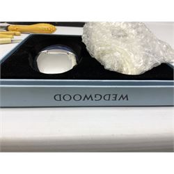 Cased pair of Wedgwood silver-plate book stands, silver-plate baby feeding spoon and pusher in box, other silver-plated cutlery