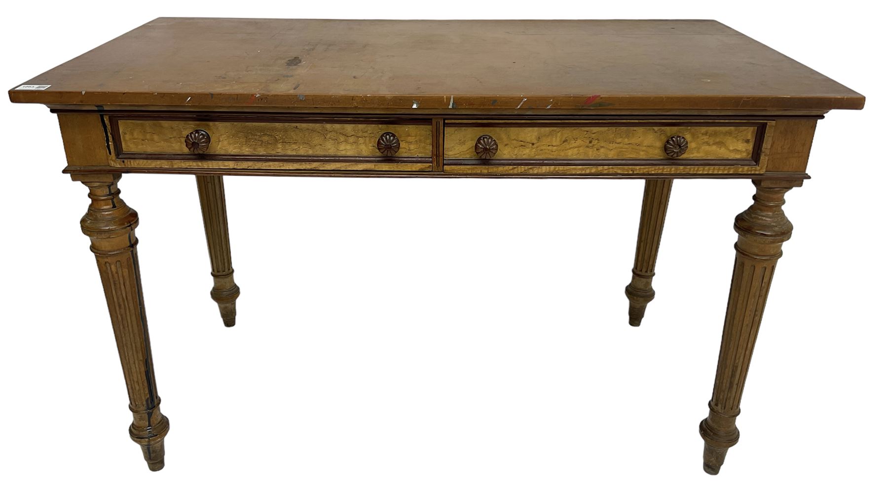 19th century walnut side table, rectangular top over two drawers with elm facias, lobe carved handles and moulded edge in mahogany, on turned and fluted supports 