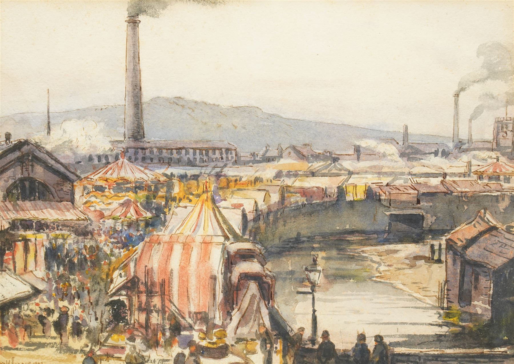 Gerald Summers (British 1886-1969): Street Carnival with Factories Beyond, watercolour signed and dated 1909, 25cm x 35cm