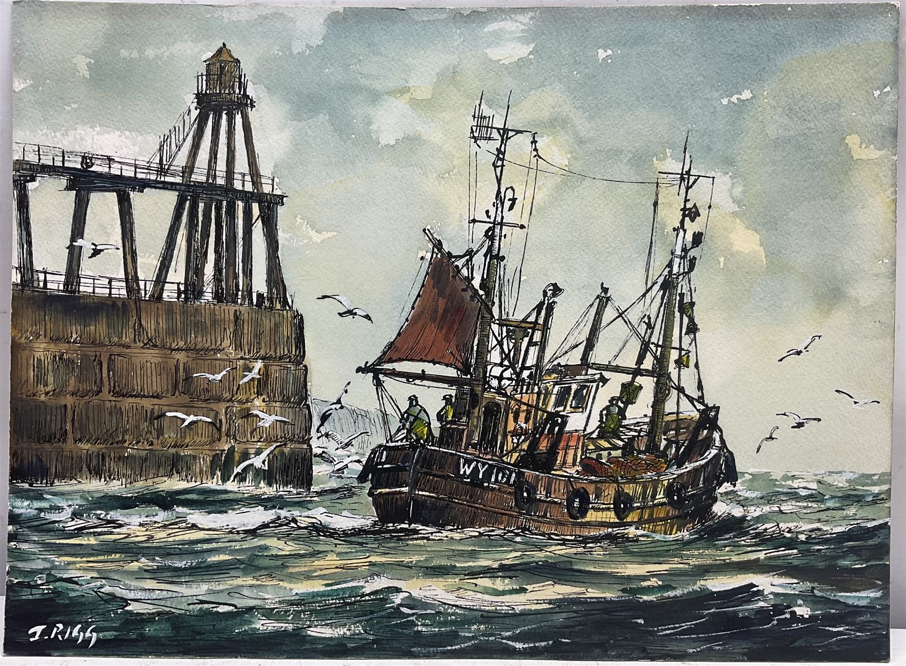 Jack Rigg (British 1927-2023): Whitby Fishing Boat by Lighthouse and a Ship Moored in Whitby Harbour, pair watercolours signed, dated verso 25cm x 34cm (2)